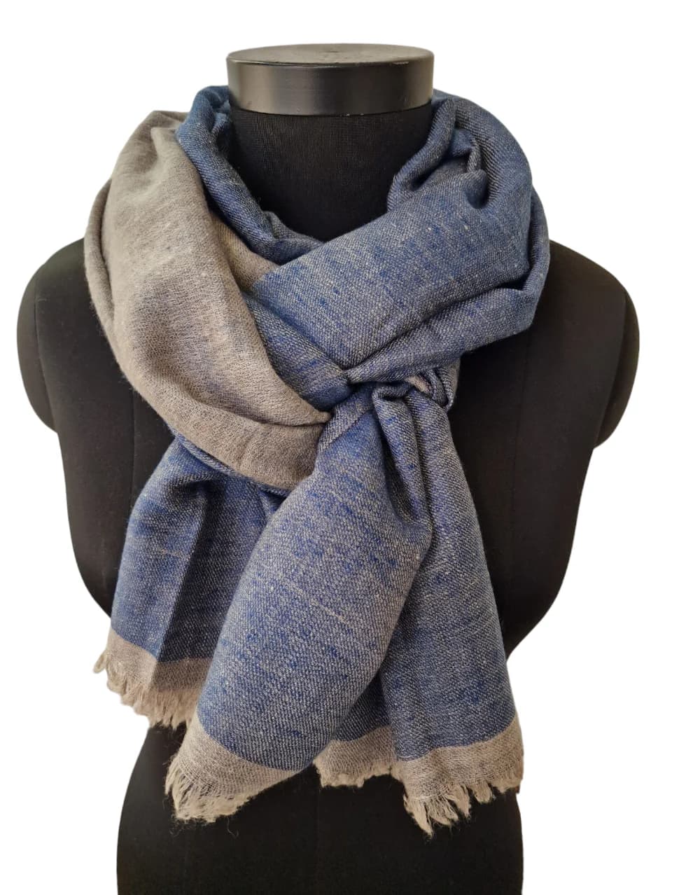 BLUE AND SILVER GRAY TWO-SIDED PASHMINA SHAWL