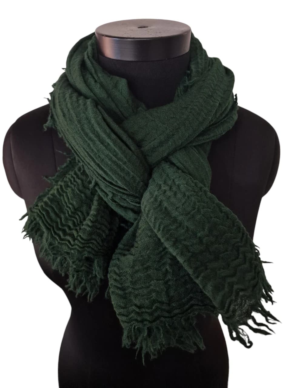 LARGE FOREST GREEN WOOLEN SCARF WITH RUFFLED FRINGES