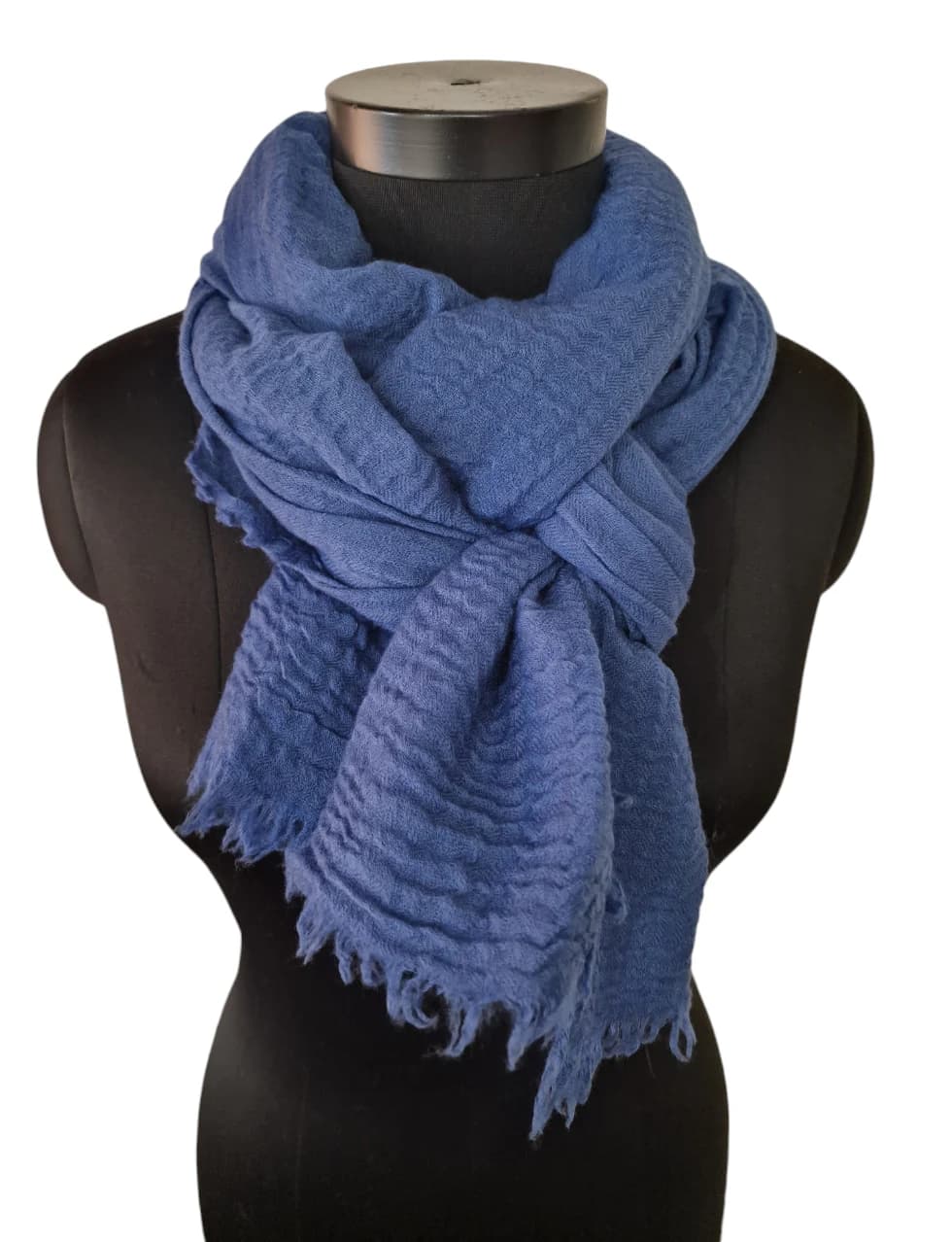 LARGE LAPIS BLUE WOOLEN SCARF WITH COOL FRINGES