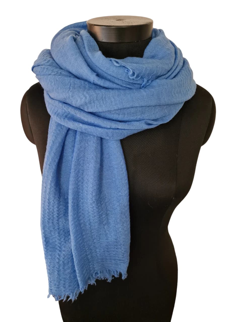 LARGE MEDIUM BLUE WOOLEN SCARF WITH COOL FRINGES