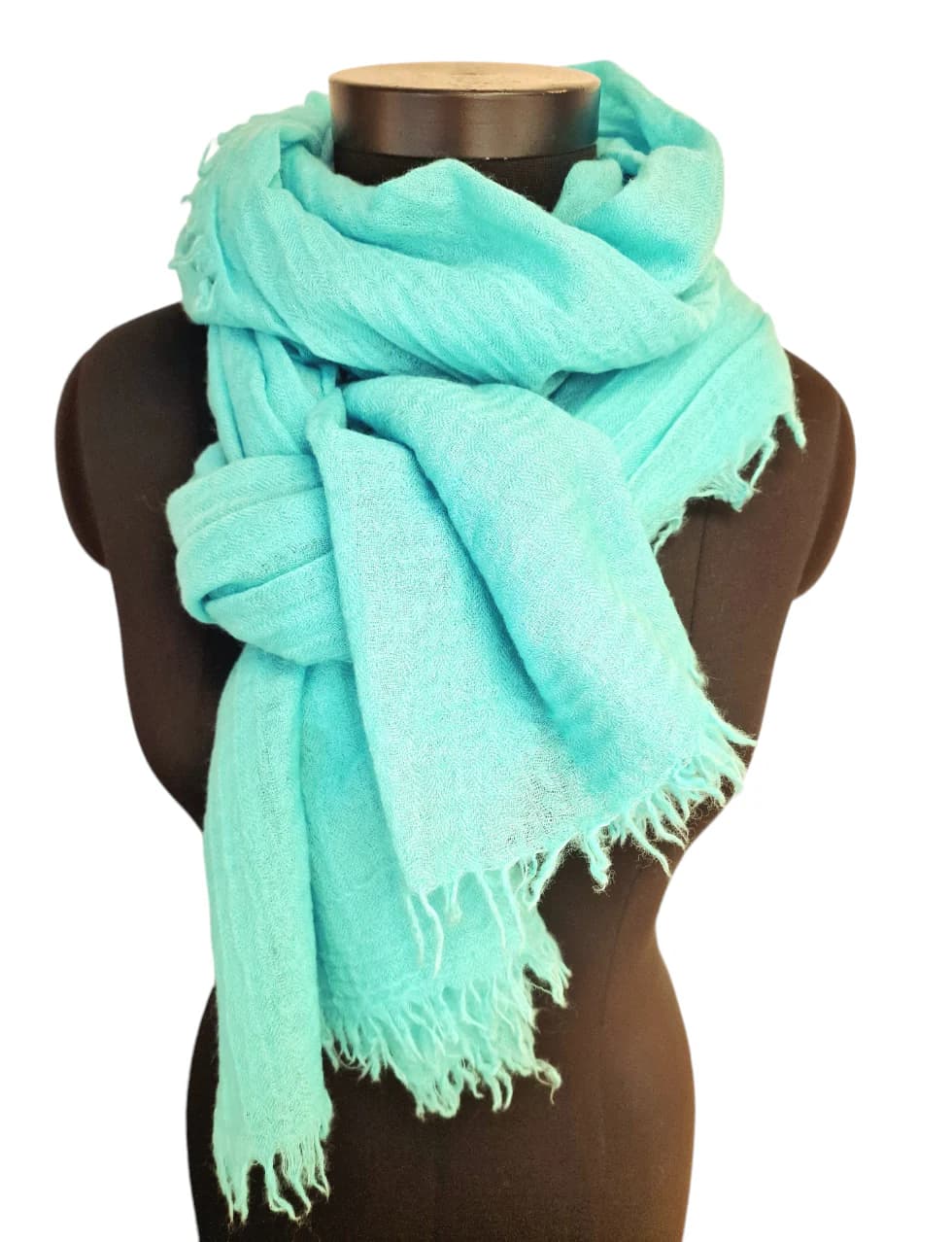 LARGE LIGHT TURQUOISE GREEN WOOL SCARF WITH ROUGH FRINGES