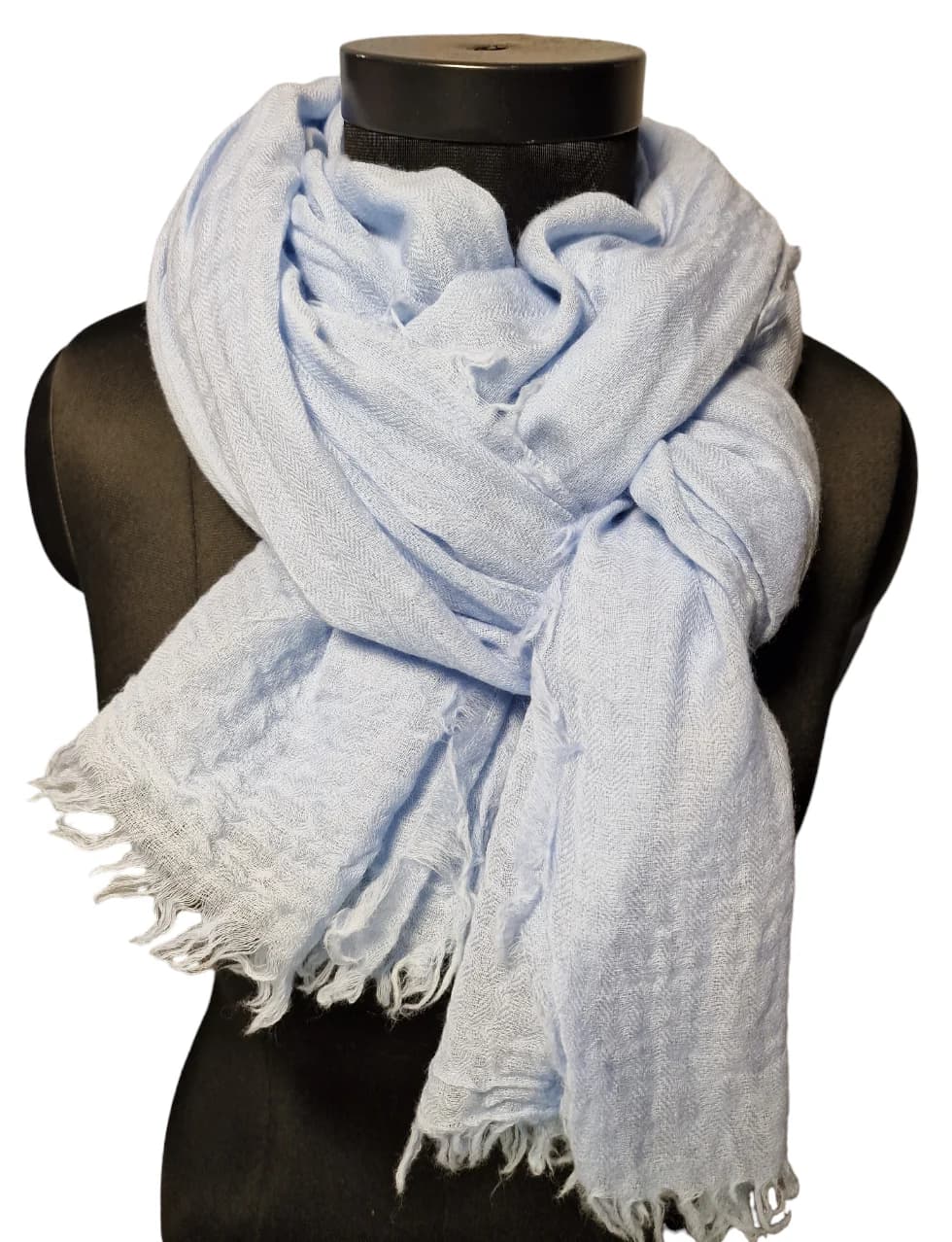 LARGE BRIGHT LIGHT BLUE WOOLEN SCARF WITH ROUGH FRINGES