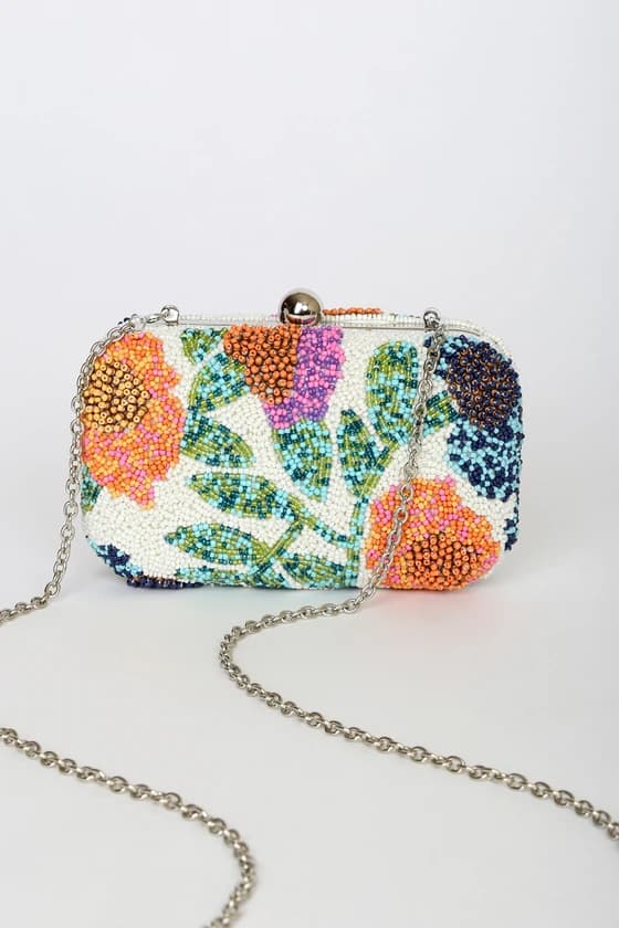 TOUR OF BLOOMS WHITE MULTI BEADED CLUTCH