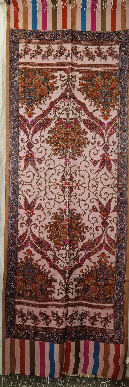 BEAUTIFUL CASHMERE/SILK SCARF IN WARM COLORS WITH SILK- SCREENED PATTERNS