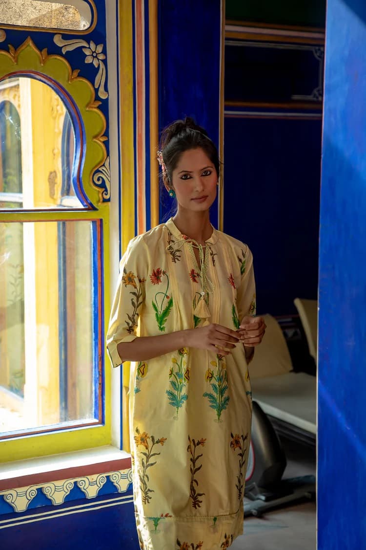 BOTANICAL TASSLE KURTA COTTON PERSIAN BLUE