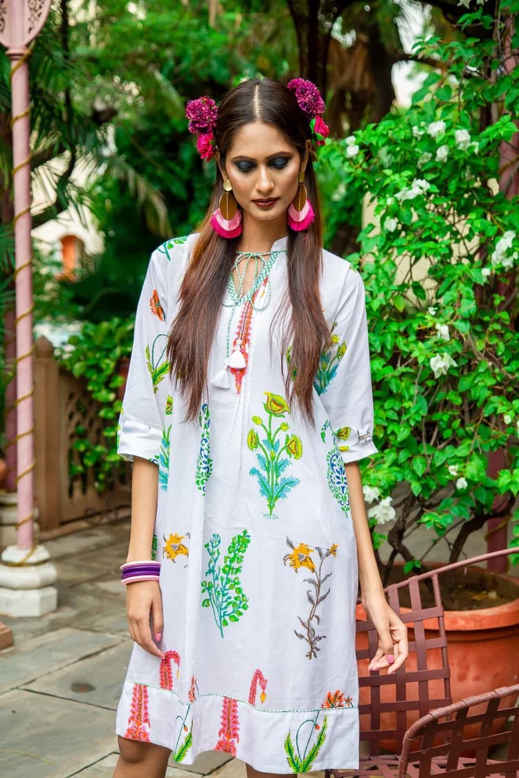 BOTANICAL TASSLE KURTA COTTON PERSIAN BLUE