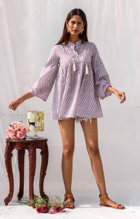 Short Sleeves Dress with Tie Knots At Neck.