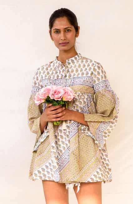 Short Tie Neck Top With Lower Bias Cut Panel.