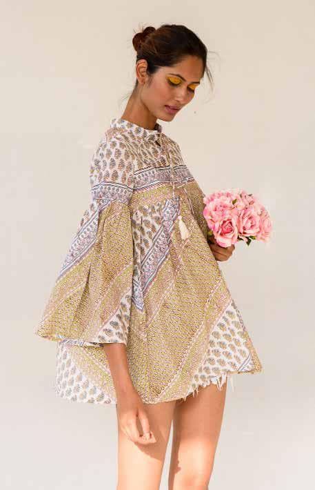 Short Tie Neck Top With Lower Bias Cut Panel.