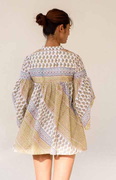 Short Tie Neck Top With Lower Bias Cut Panel.