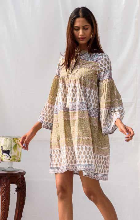 Flared Sleeves Dress With Tie Neck.
