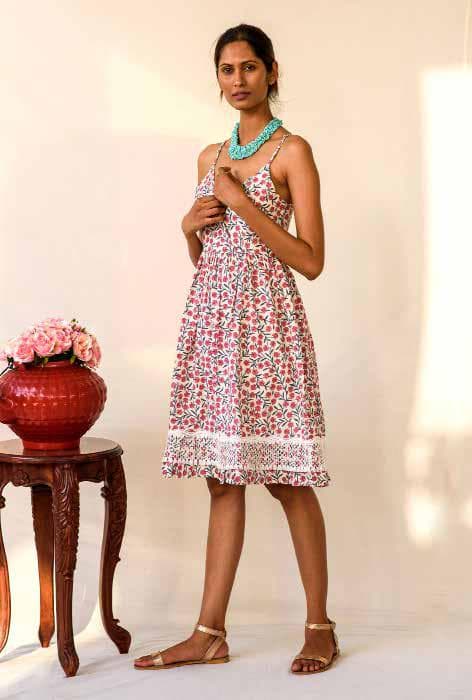 Simple Strap Dress With Lace Details At Hem.