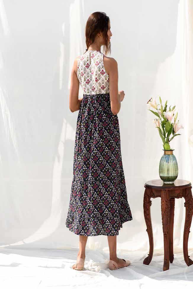 PRINT CO-ORDINATED LONG SLEEVELESS DRESS.