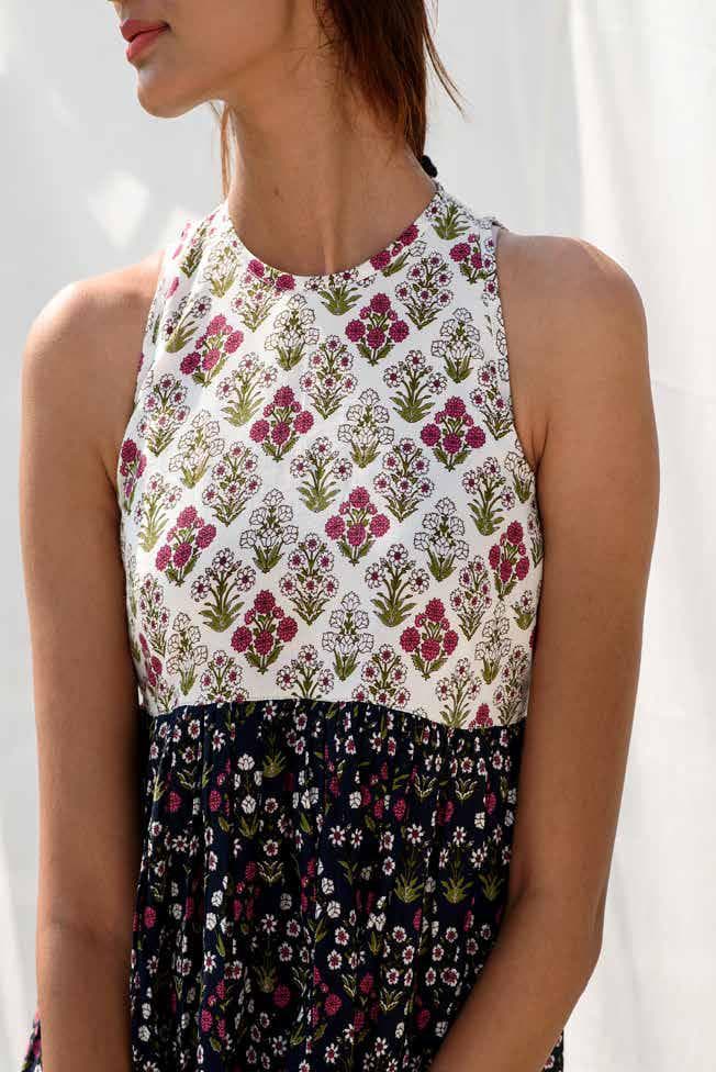 PRINT CO-ORDINATED LONG SLEEVELESS DRESS.