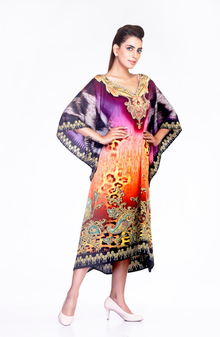 V NECK MULTI COLOR PRINTED CAFTAN