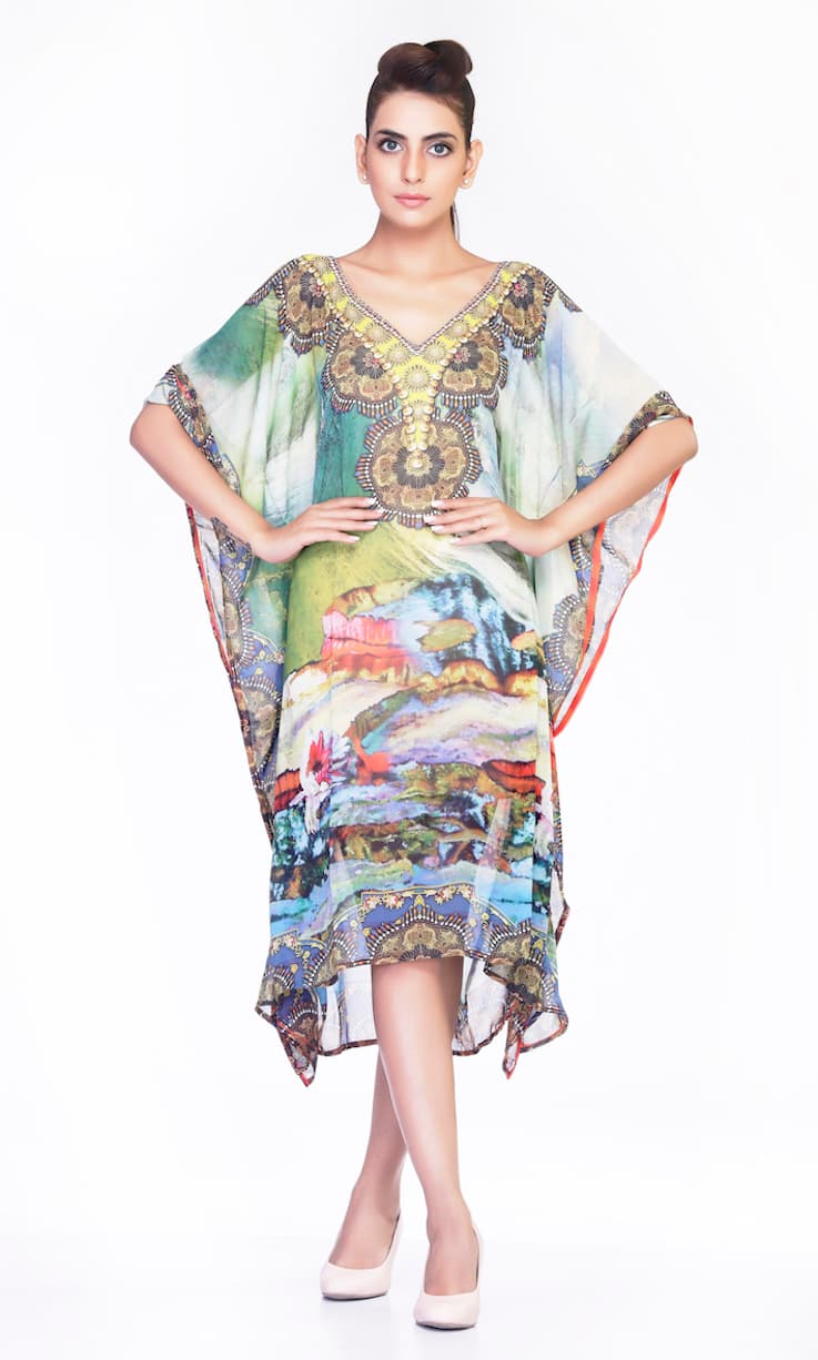GEORGETTE MULTI GREEN KNEE LENGTH CAFTAN