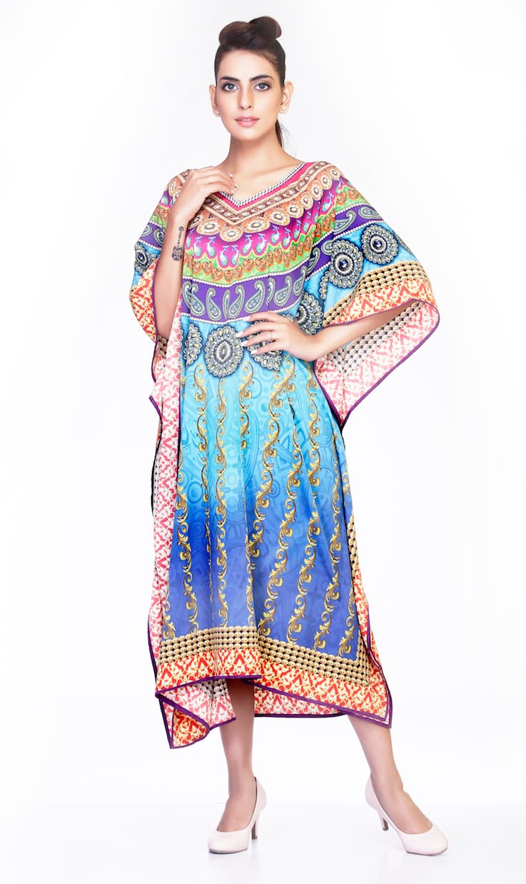 V NECK DIGITAL PRINTED LONG CAFTAN