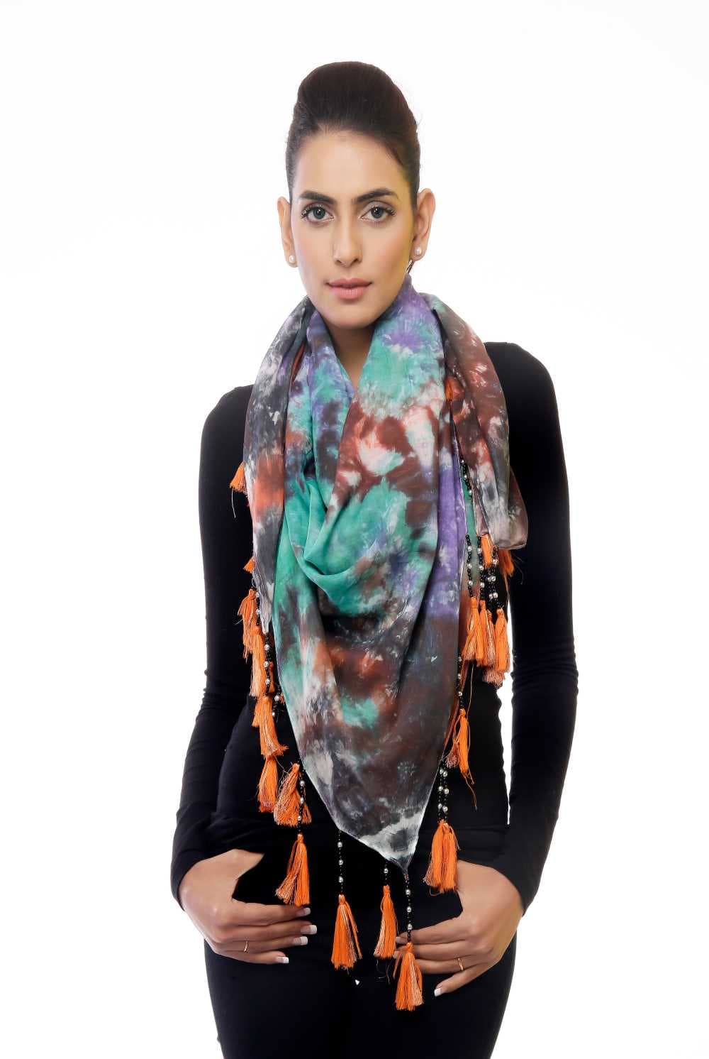 TIE DYE SQUARE SCARF WITH TASSEL DETAILING