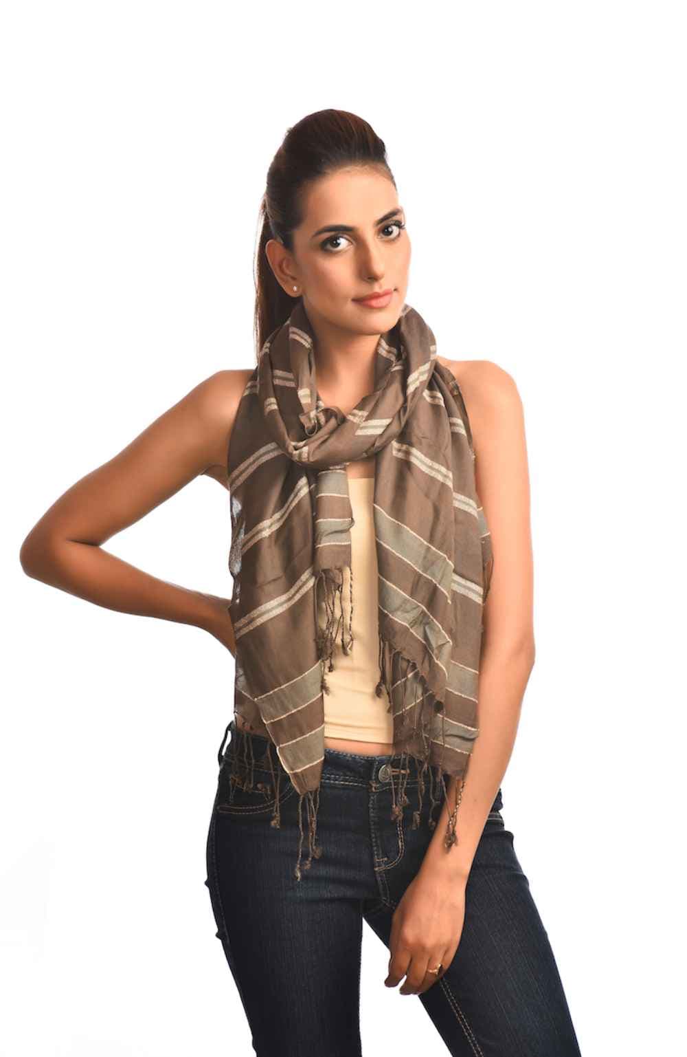 BROWN COLOR STRIPE PRINTED LINEN SCARF