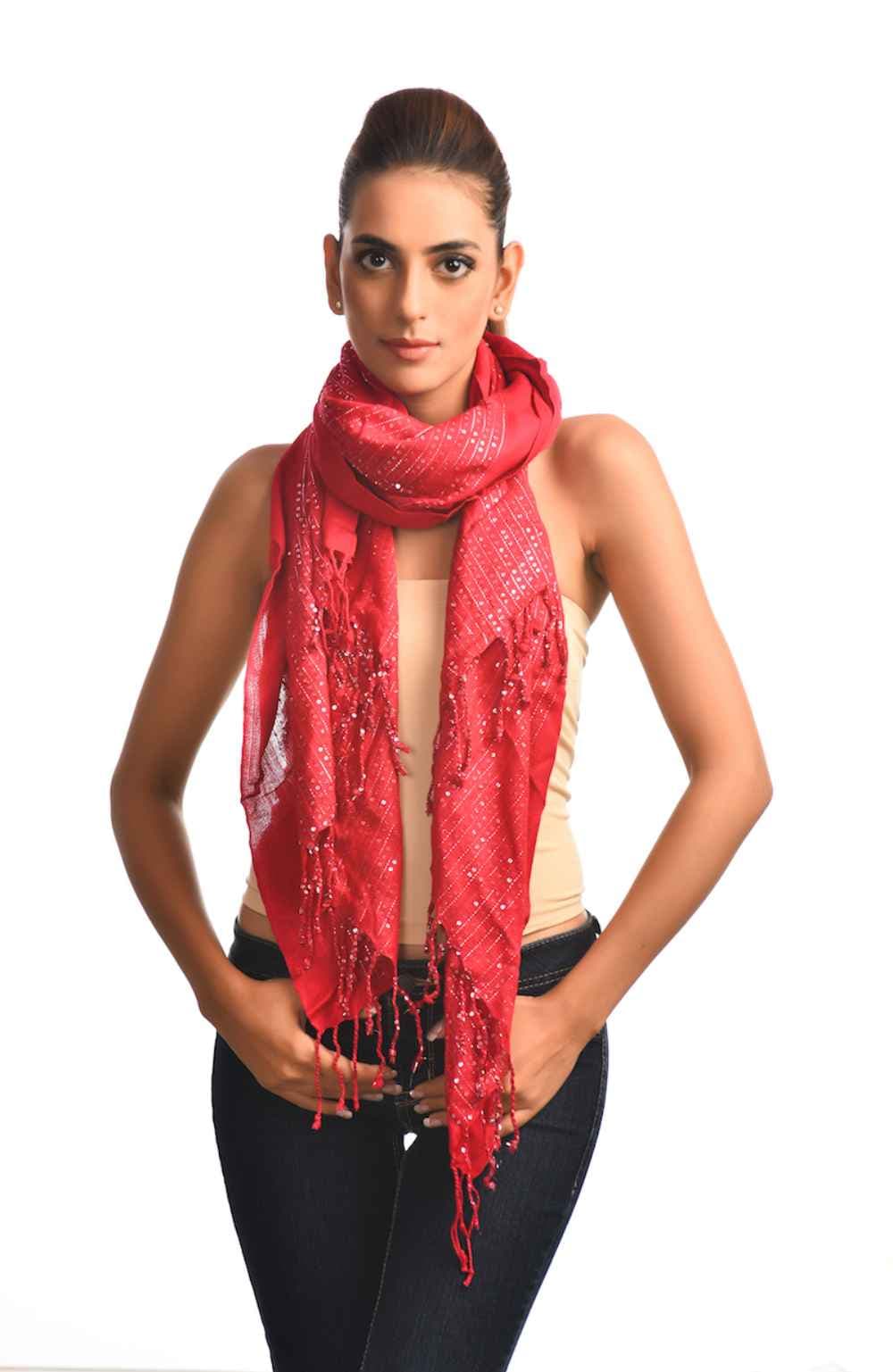 RED COLOR WITH NOTED LACE VISCOSE SCARF