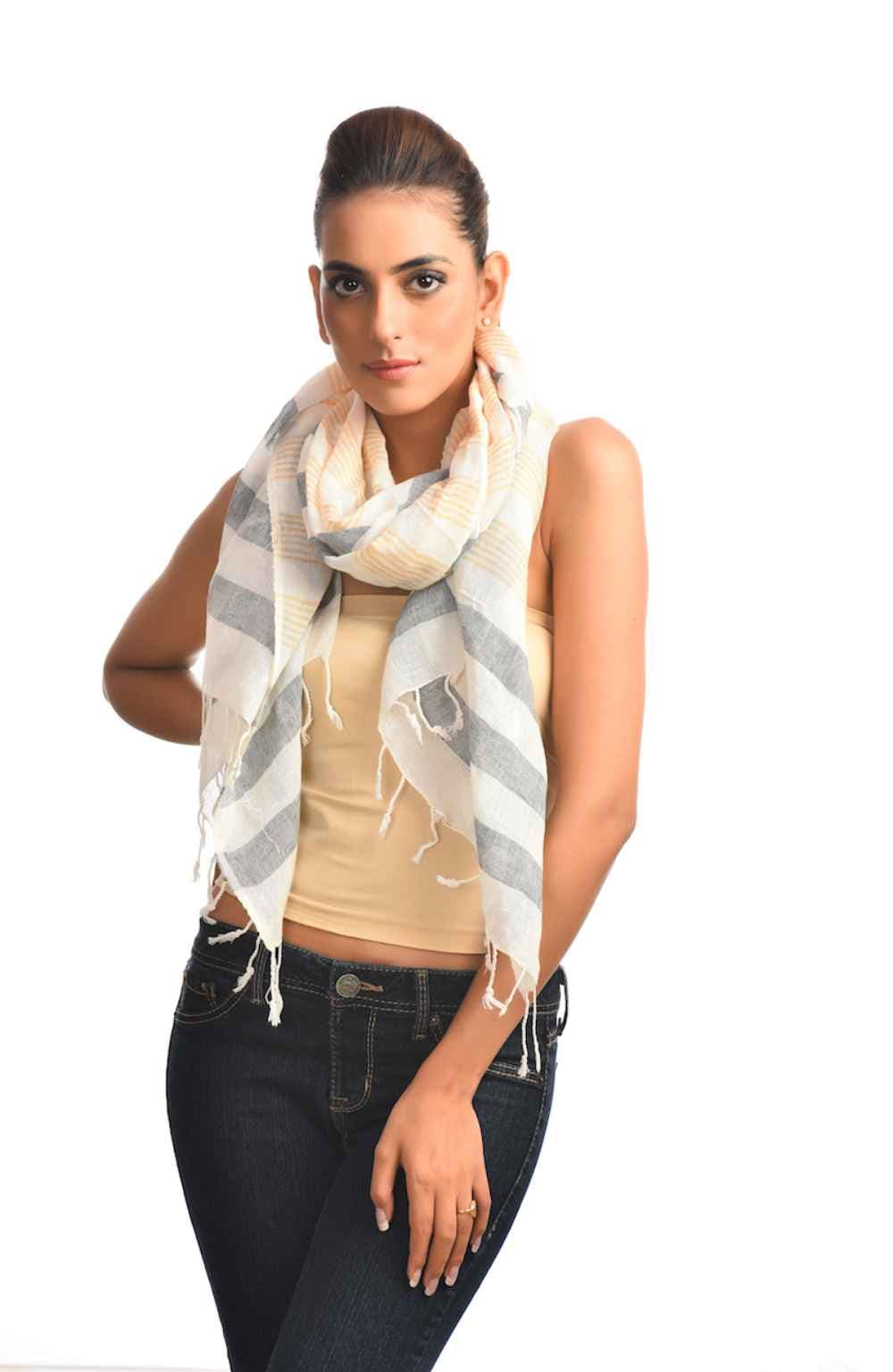 GREY & ORANGE STRIPE PRINT VISCOSE SCARF.