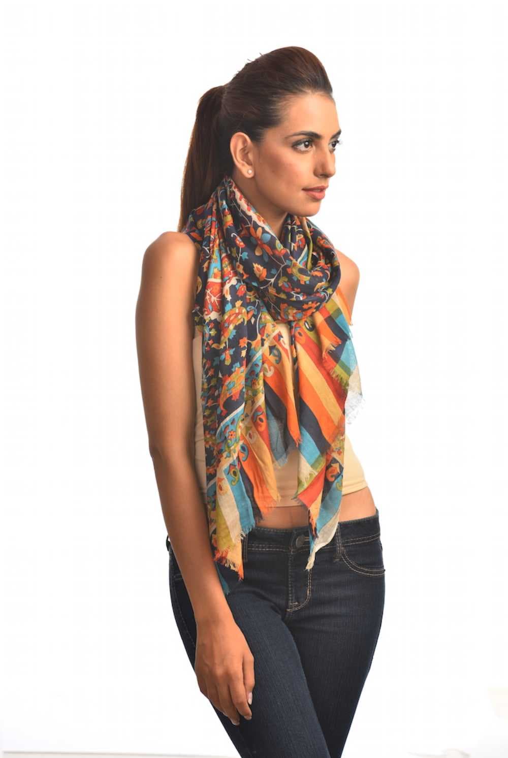 FLORAL WITH SIDE STRIPE PRINT SCARF.
