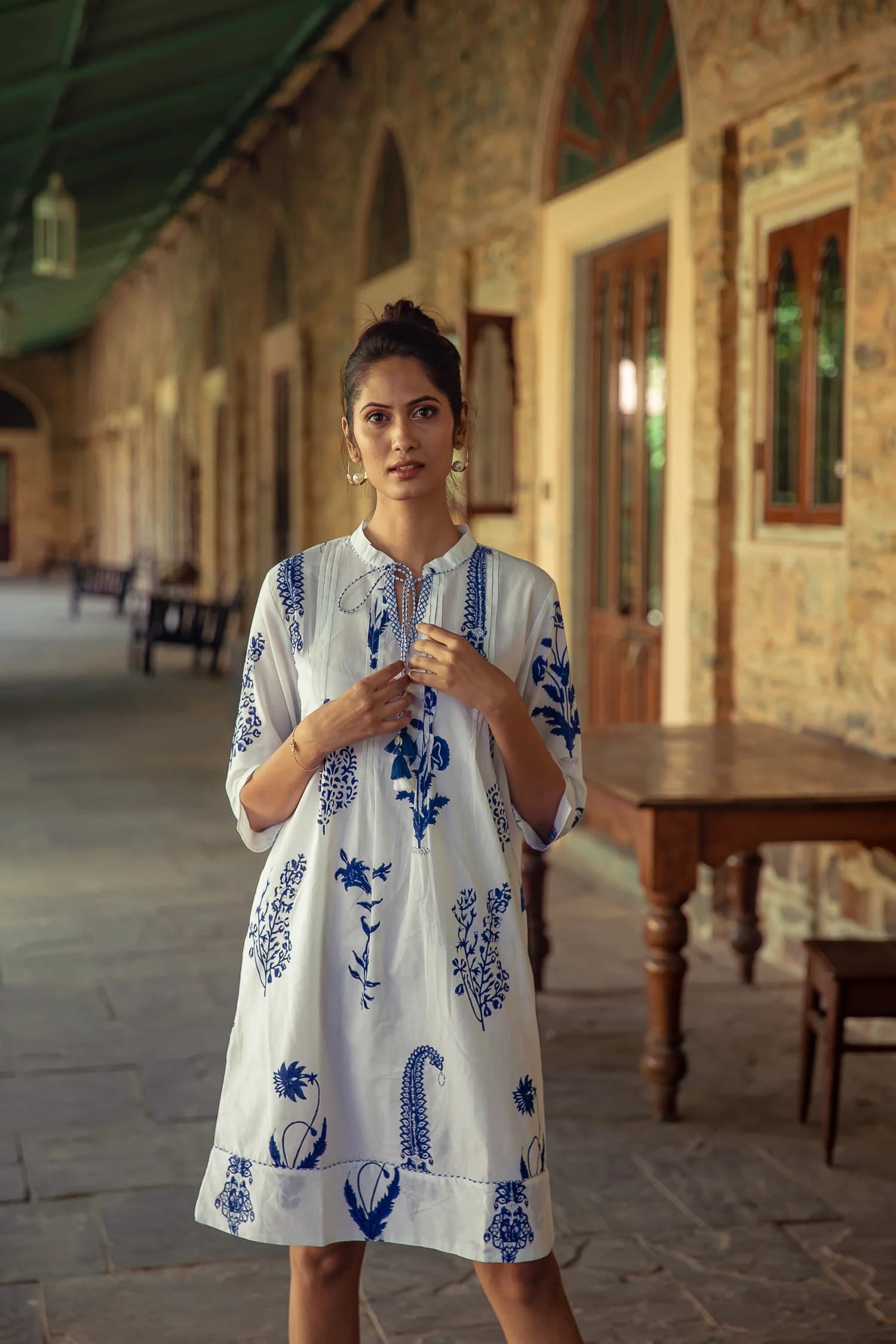 BOTANICAL TASSLE KURTA COTTON PERSIAN BLUE