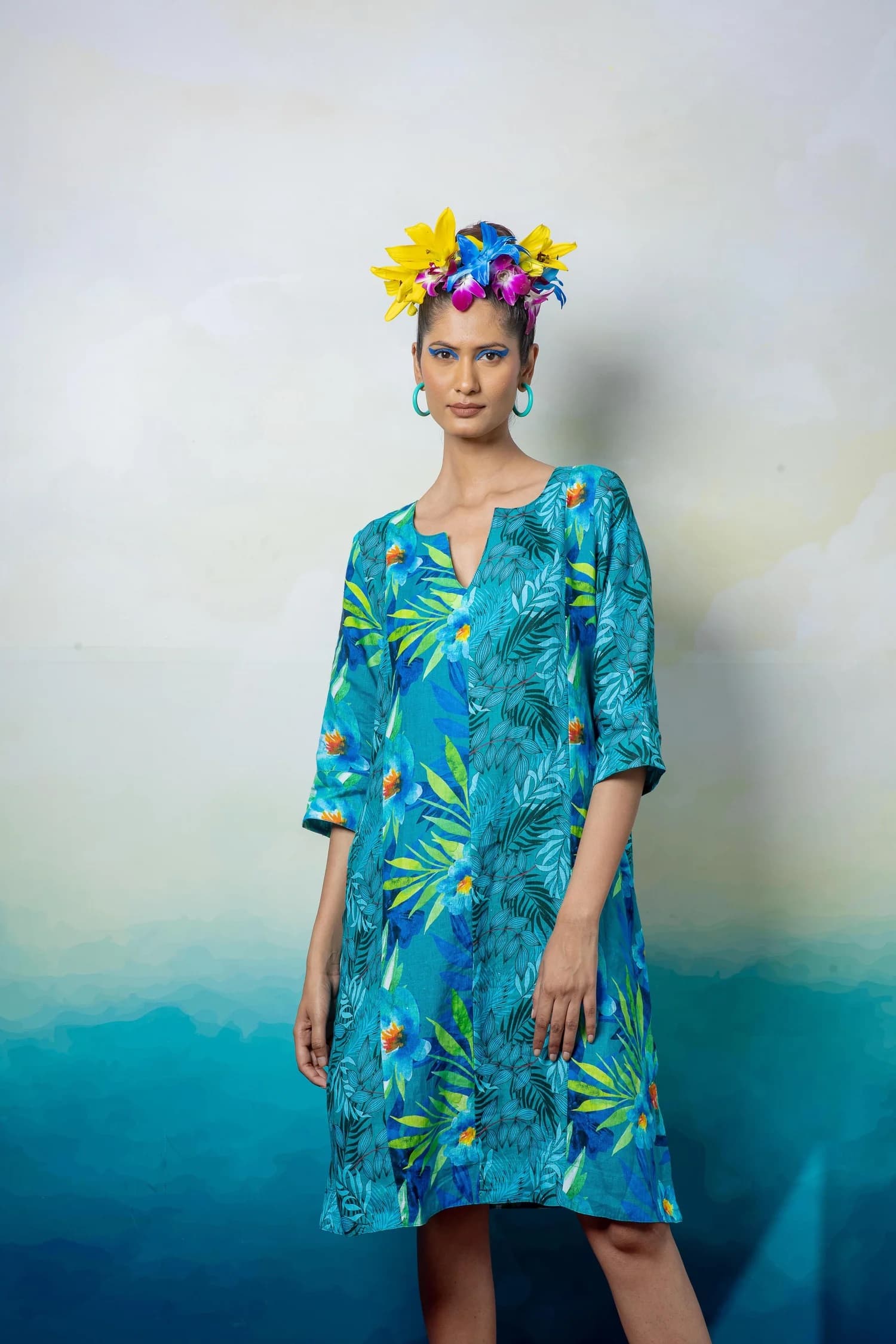PERSIAN LEAF ZEN MIDI DRESS LINEN BLUE