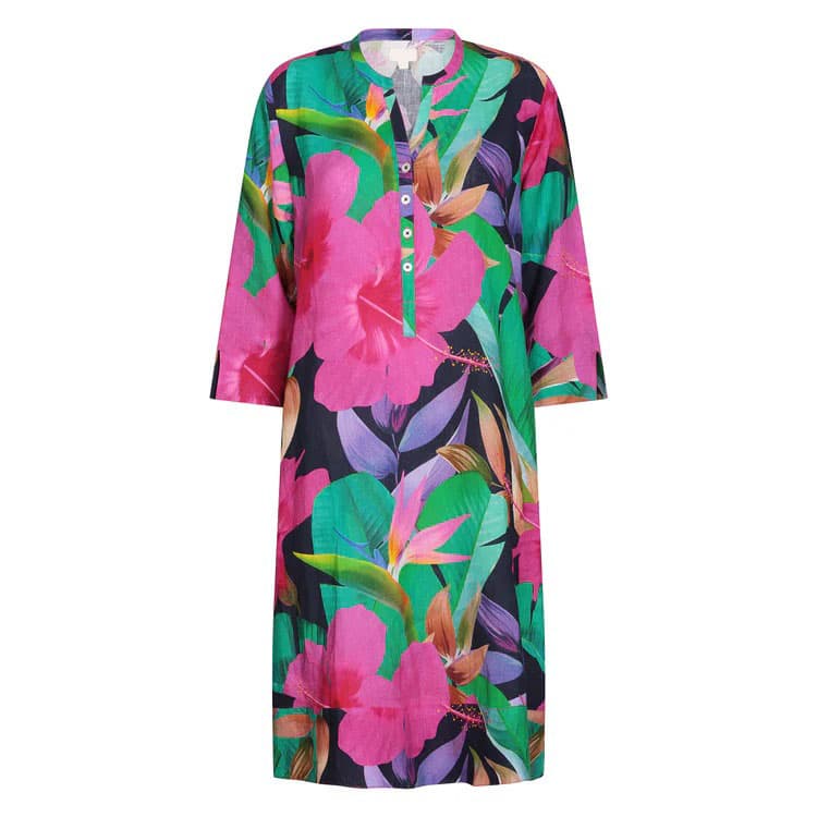 FRUIT FLOWER CLASSIC TUNIC DRESS LINEN NAVY