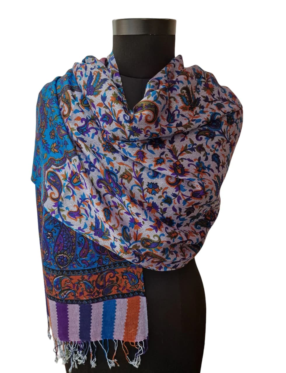 BLUE-GREY CASHMERE/SILK SCARF WITH SCREEN PRINTED PATTERN