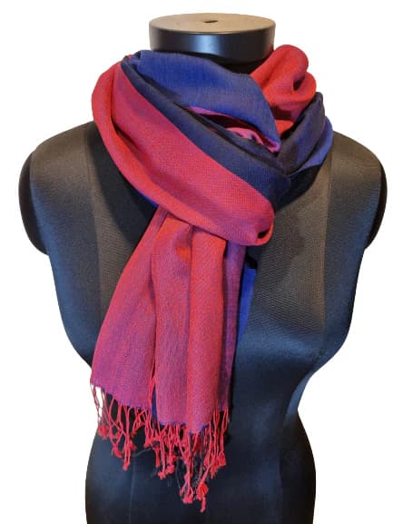 RED SCARF WITH BLACK BORDER AND BLUE INSERT IN CASHMERE AND SILK