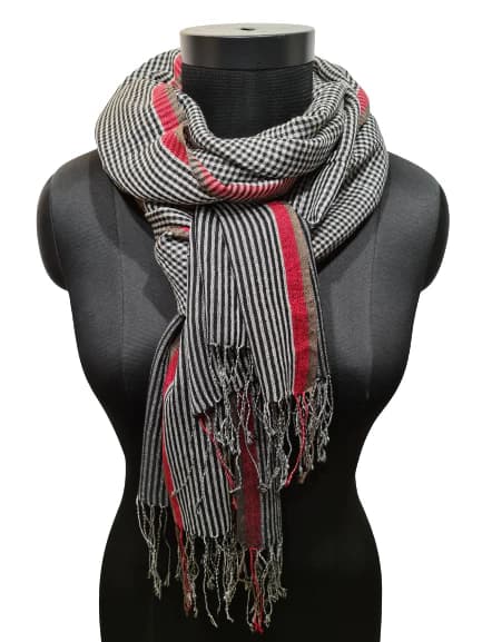 CHECKED AND STRIPED BLACK AND WHITE SCARF IN CASHMERE AND SILK