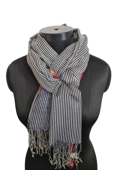 CASHMERE AND SILK SCARF WITH CHECKS AND STRIPES IN WHITE, BLUE AND BLACK