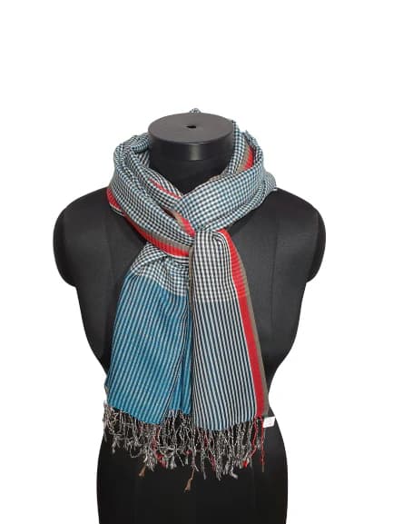 CASHMERE AND SILK SCARF WITH CHECKS AND STRIPES IN WHITE BLACK AND SEA GREEN