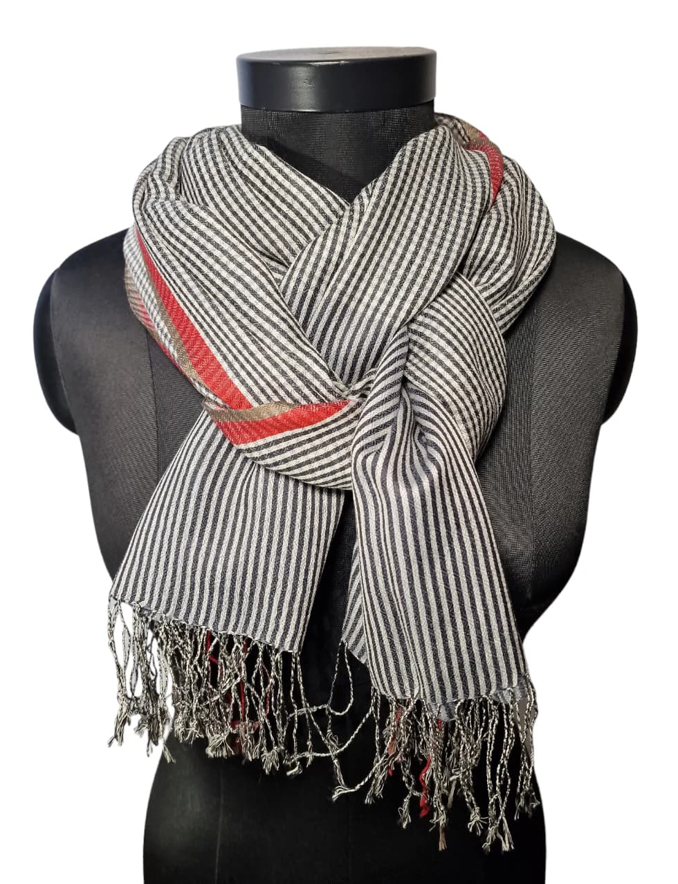 CASHMERE AND SILK SCARF WITH CHECKS AND STRIPES IN WHITE, BROWN AND GREY
