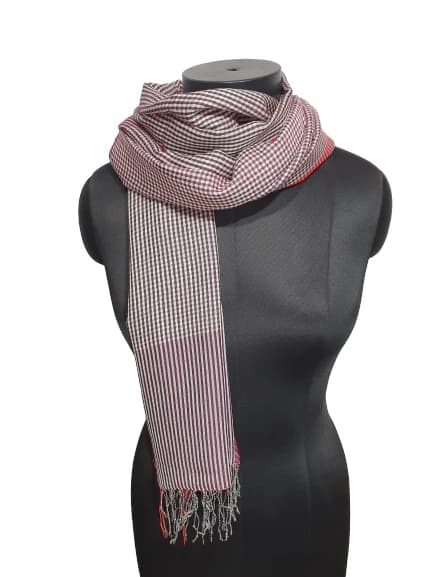 CASHMERE AND SILK SCARF WITH CHECKS AND STRIPES IN BLACK, WHITE AND PURPLE/ DARK PINK COLORS