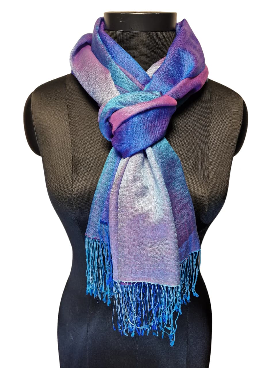 MULBERRY SILK AND CASHMERE SCARF IN RED/PINK/PURPLE AND BLUE