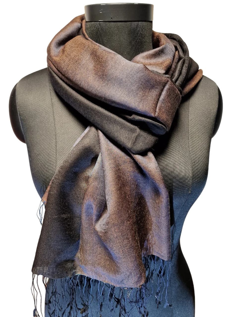 MULBERRY SILK CASHMERE SHAWL IN BLACK, BROWN AND A HINT OF BLUE