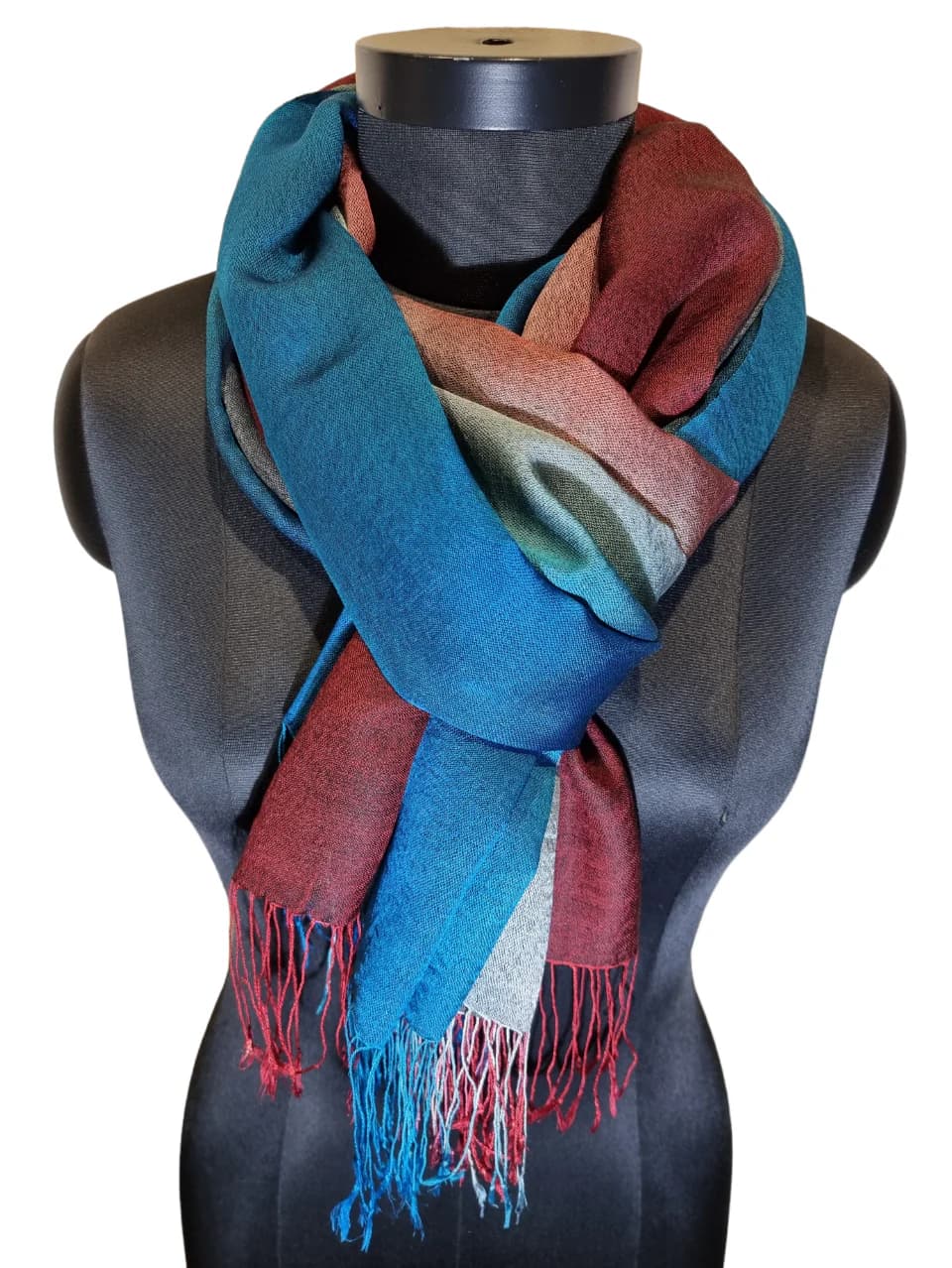 KASHMIR SILK SCARF IN VARIATIONS OF RED, GRAY AND BLUE