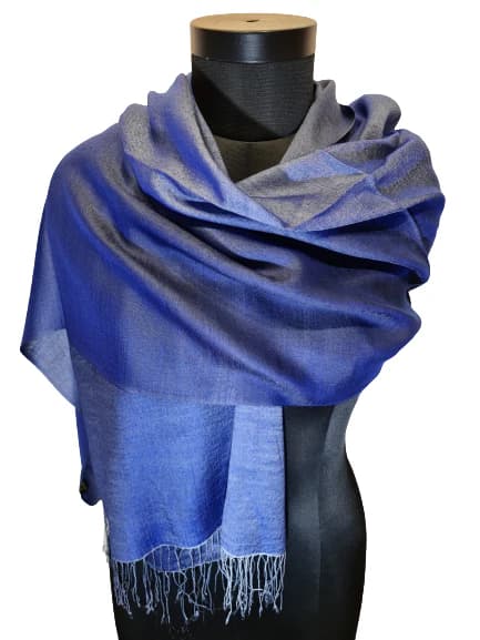 BLUE AND SILVER CASHMERE AND MULBERRY SILK SCARF