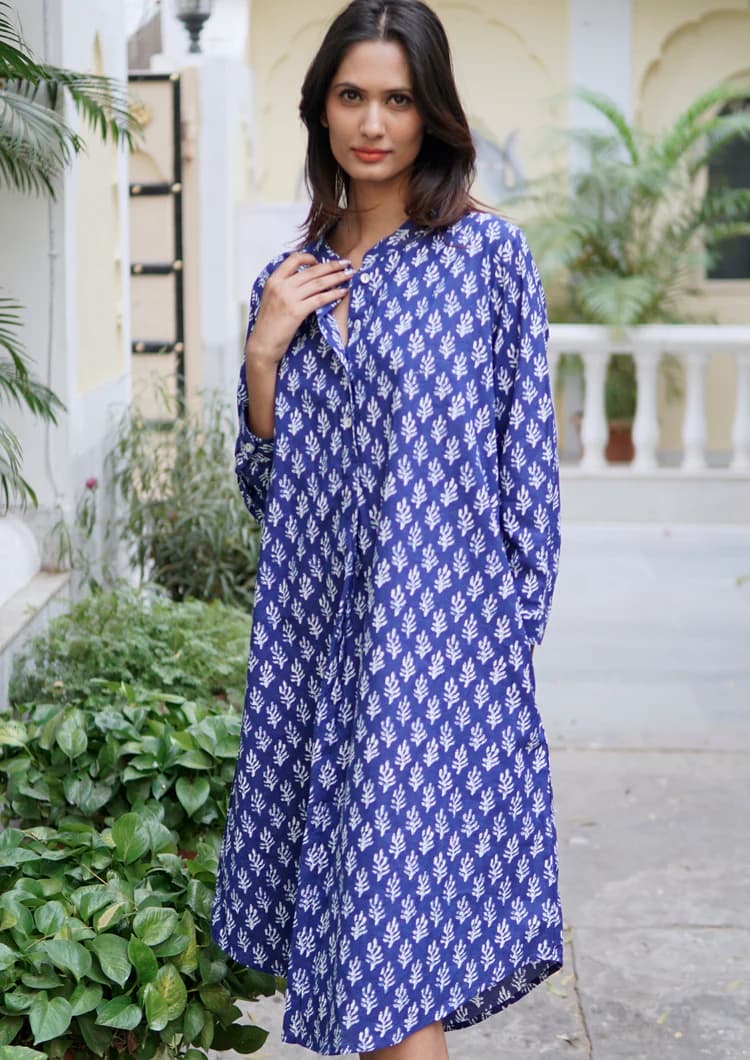 KAFTAN DRESS, BEACH KAFTAN, BLUE AND WHITE SUMMER COVER UP WITH POCKETS "CASSIS"