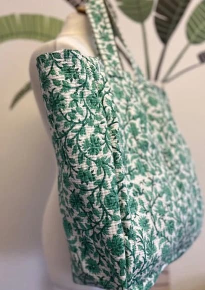 BEACH BAG, XL GREEN AND WHITE FLORAL PRINT TOTE BAG, LARGE COTTON BEACH BAG