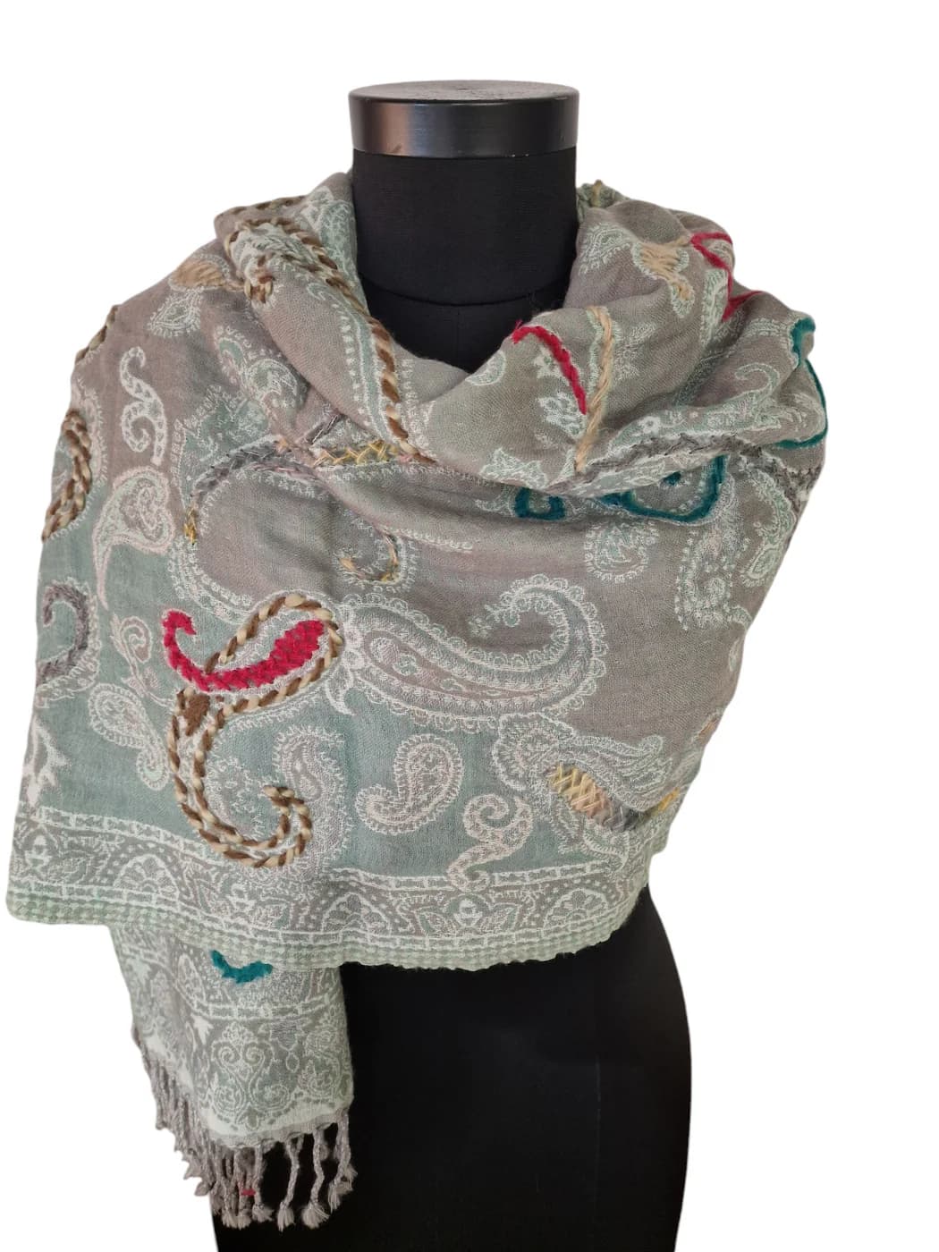MINT GREEN WOOL SCARF WITH HAND EMBROIDERED DETAILS