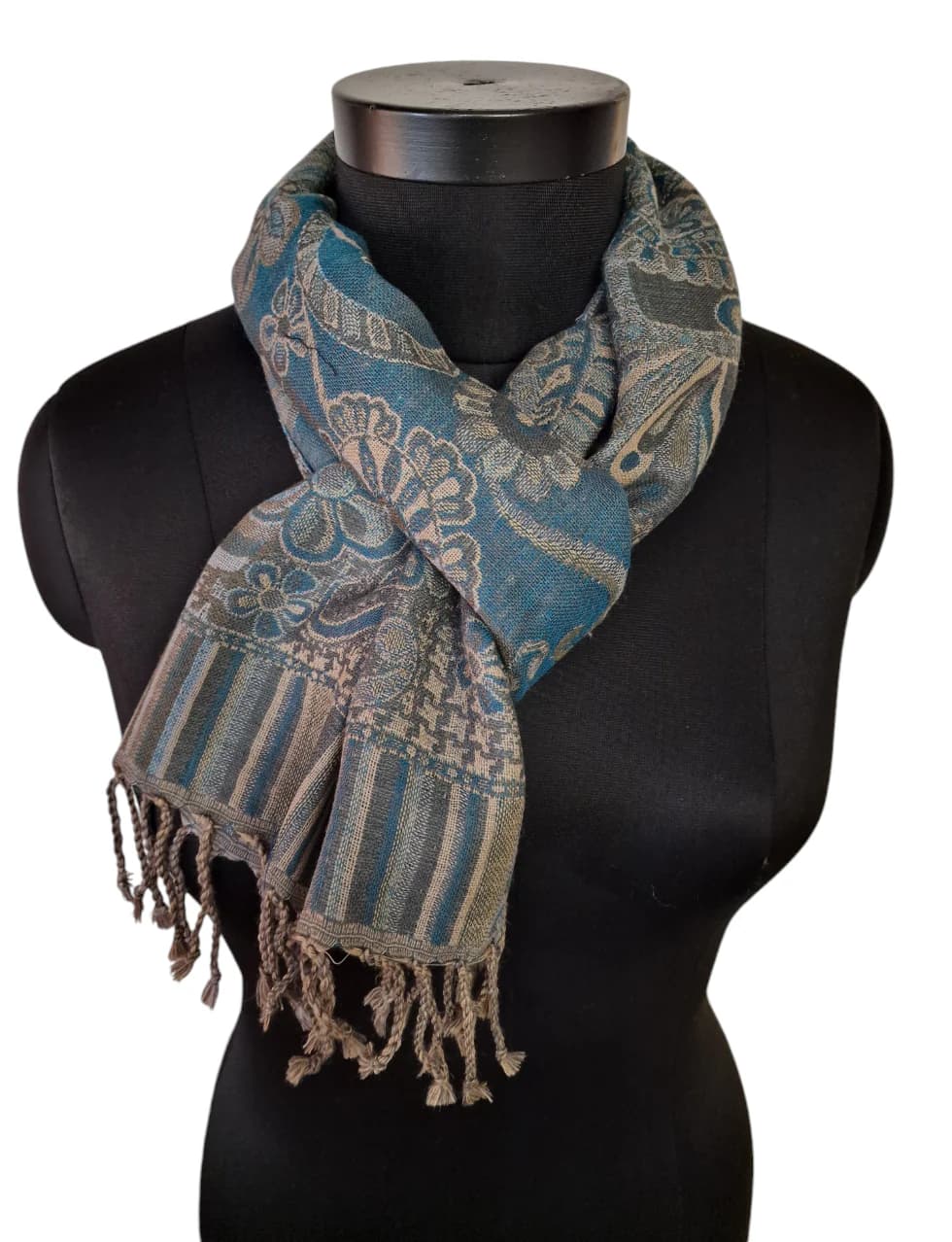 NARROW GREEN, BEIGE AND GRAY SCARF IN PURE WOOL
