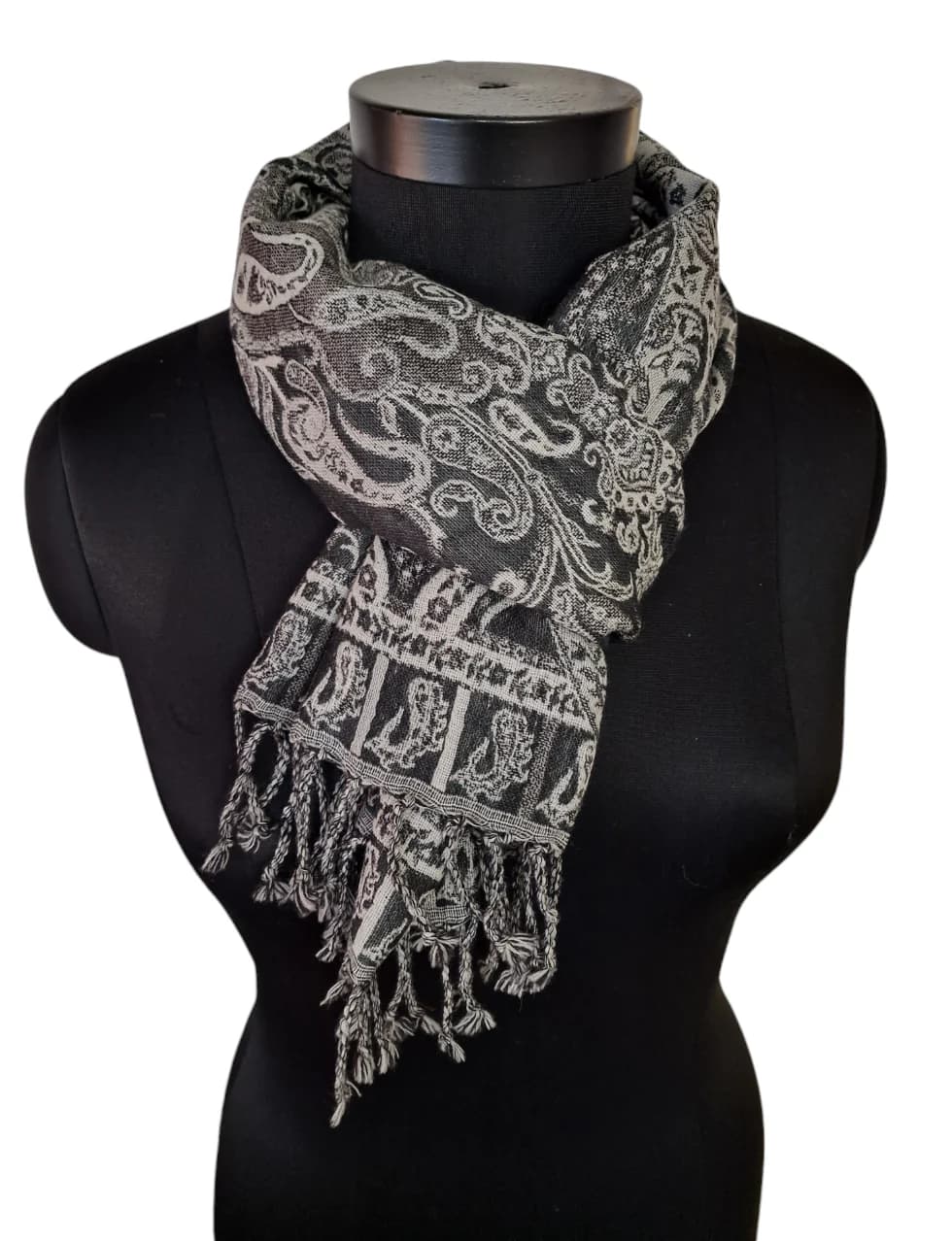 NARROW BLACK/ WHITE/ GREY JACQUARD WOVEN WOOLEN SCARF