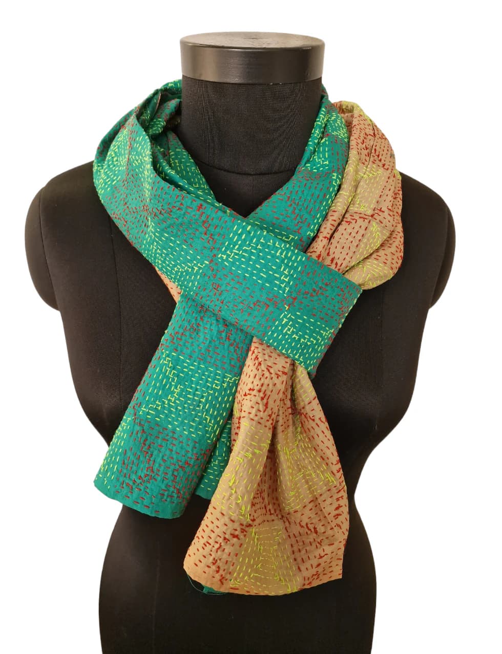 EMBROIDERED LIGHT GREEN AND BEIGE SILK SCARF