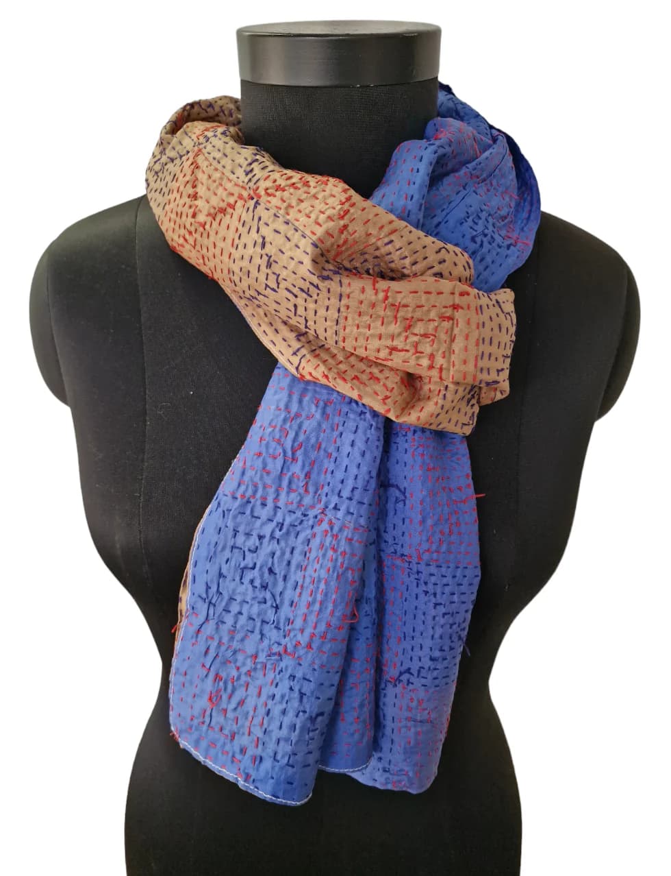 BLUE AND BEIGE SILK SCARF WITH HAND- EMBROIDERED SQUARE PATTERN