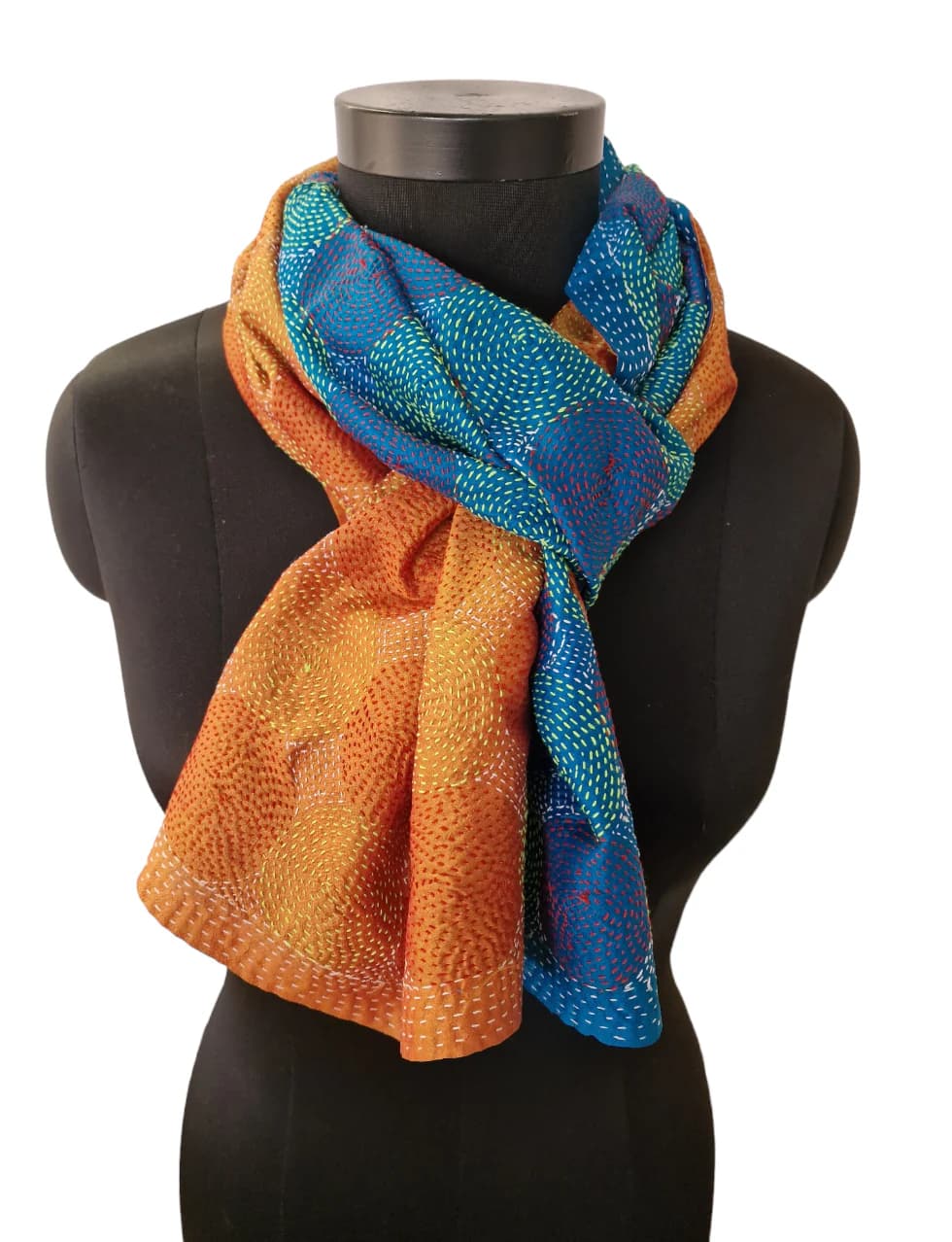 DOUBLE- SIDED HAND- EMBROIDERED BLUE AND YELLOW(ISH) SILK SCARF