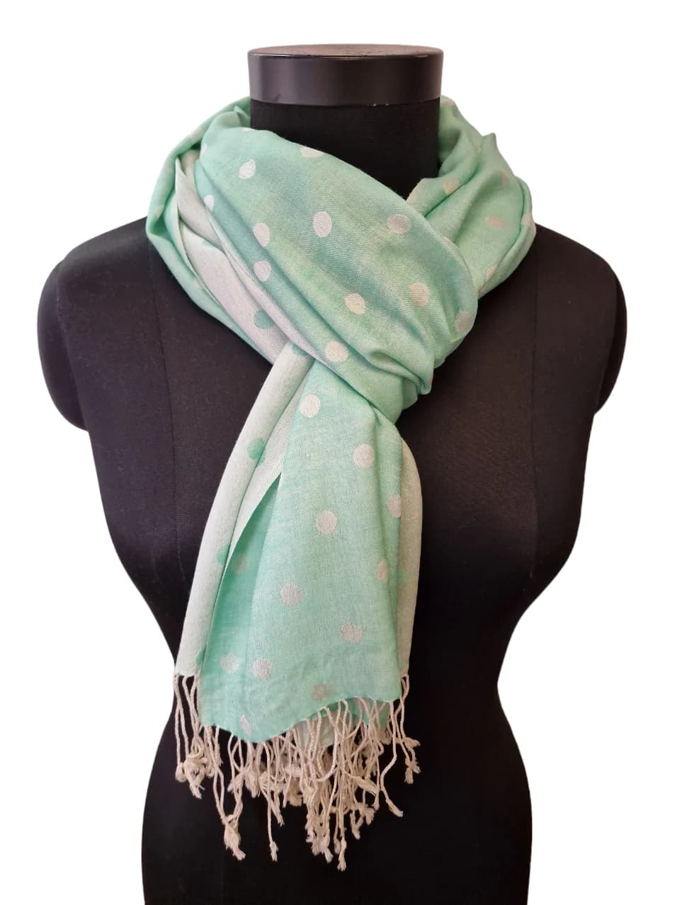 WHITE AND SPRING GREEN SILK SCARF WITH POLKA DOTS