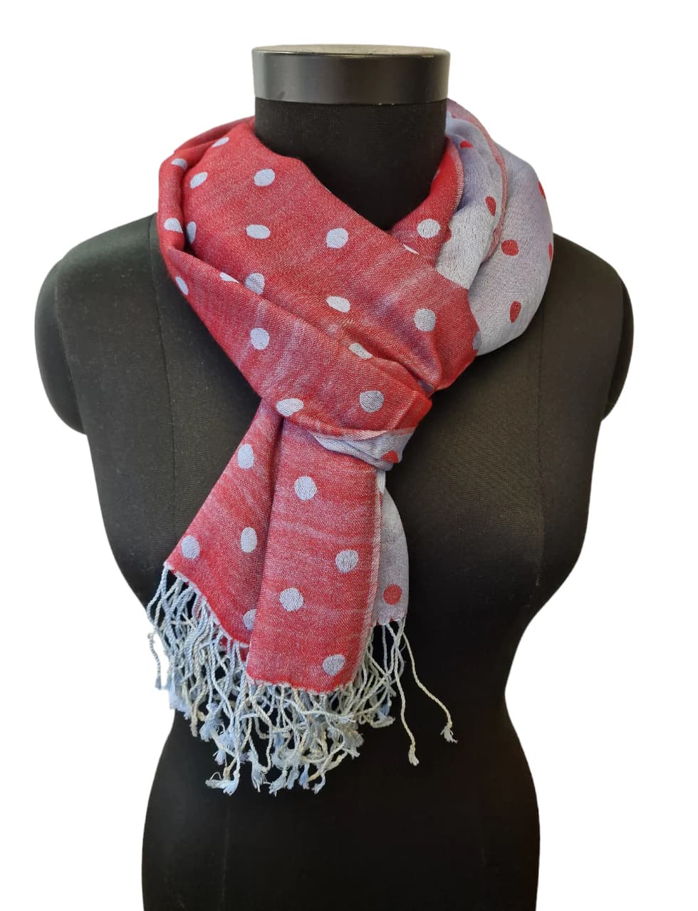RASPBERRY AND GRAY SILK SCARF WITH POLKA DOTS